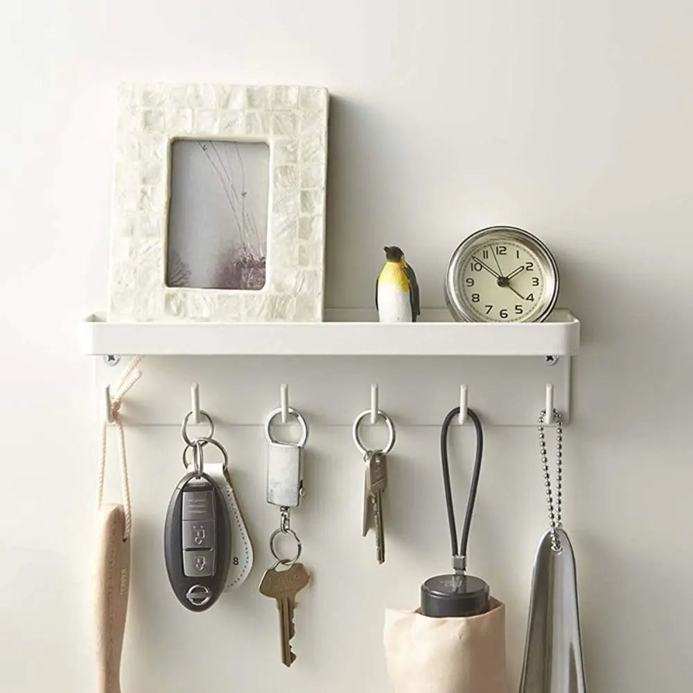 Wall-mounted entryway key and mail station with hooks and shelf
